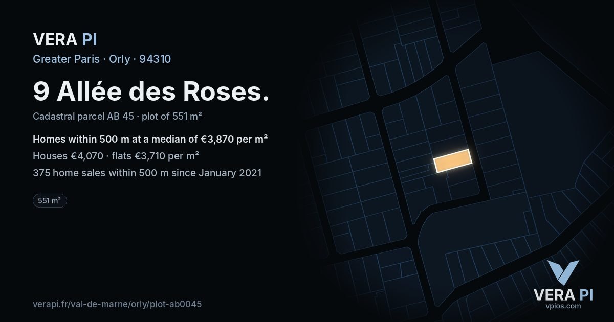 9 Allée des Roses, Orly at night – the plot lit, the parcels around coloured by the prices near them