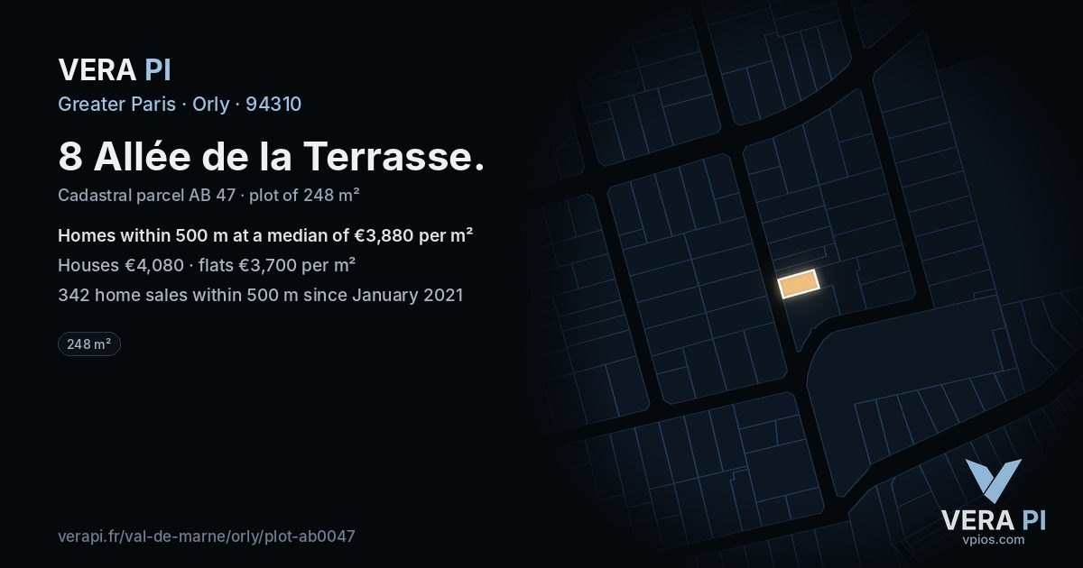 8 Allée de la Terrasse, Orly at night – the plot lit, the parcels around coloured by the prices near them