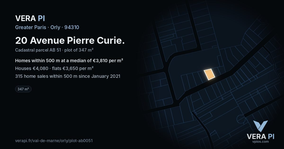 20 Avenue Pierre Curie, Orly at night – the plot lit, the parcels around coloured by the prices near them