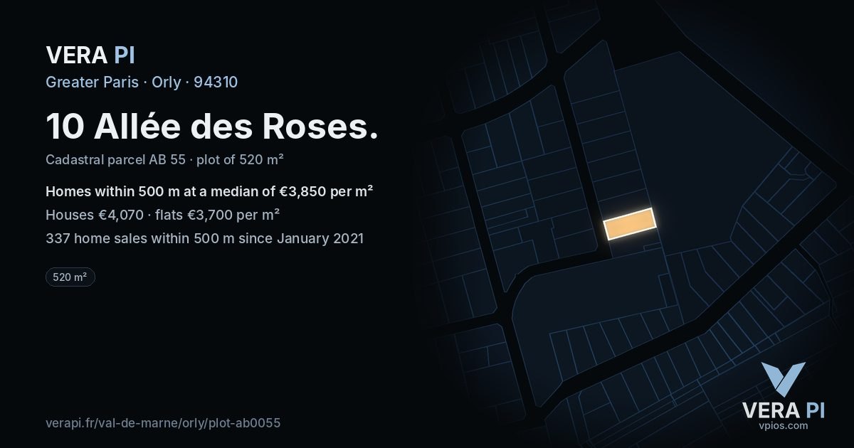 10 Allée des Roses, Orly at night – the plot lit, the parcels around coloured by the prices near them