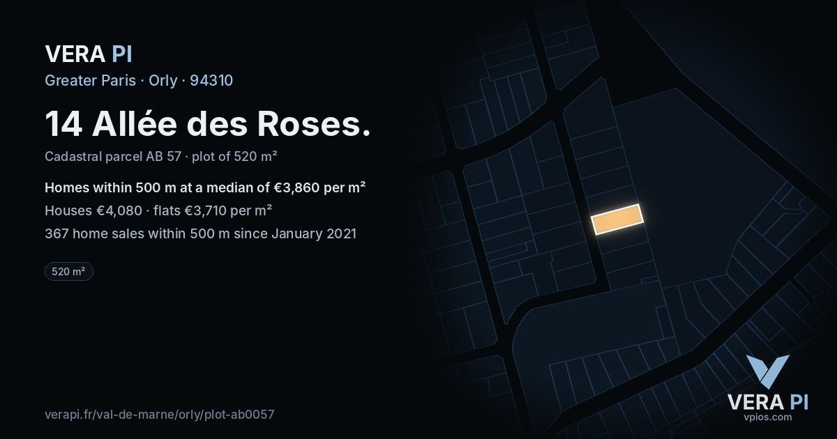 14 Allée des Roses, Orly at night – the plot lit, the parcels around coloured by the prices near them
