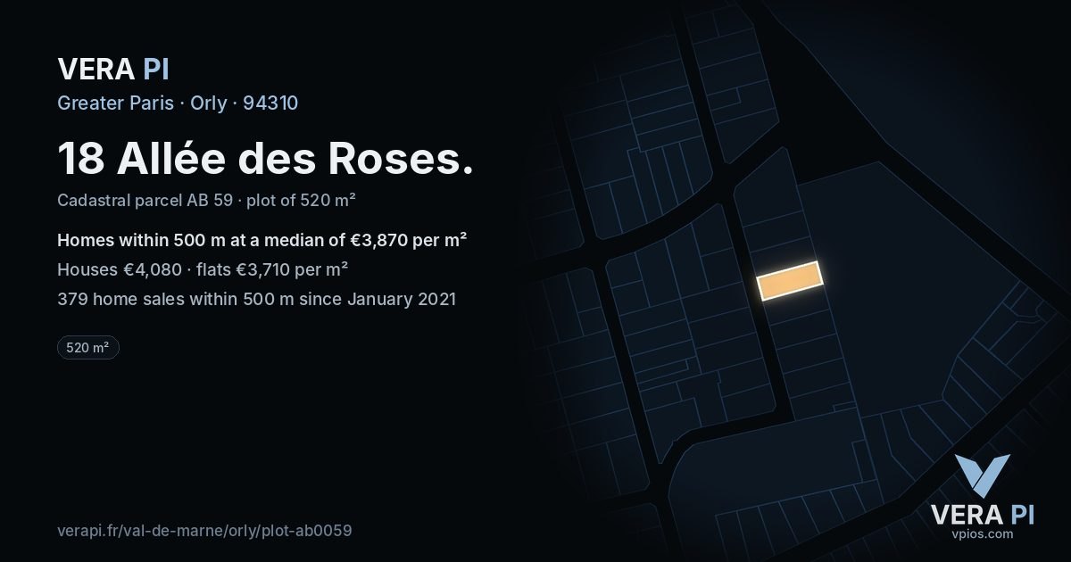 18 Allée des Roses, Orly at night – the plot lit, the parcels around coloured by the prices near them