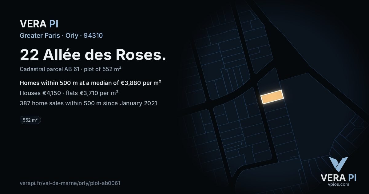 22 Allée des Roses, Orly at night – the plot lit, the parcels around coloured by the prices near them