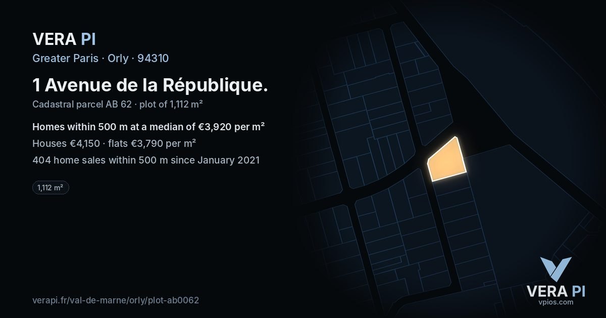 1 Avenue de la République, Orly at night – the plot lit, the parcels around coloured by the prices near them