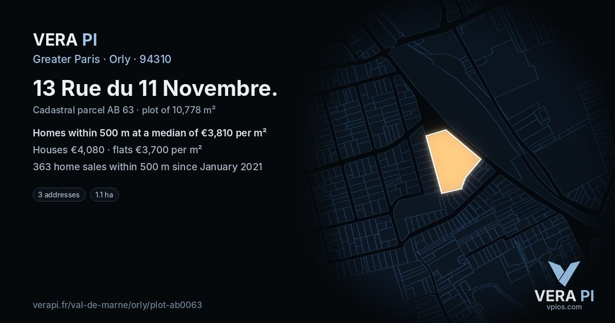 13 Rue du 11 Novembre, Orly at night – the plot lit, the parcels around coloured by the prices near them
