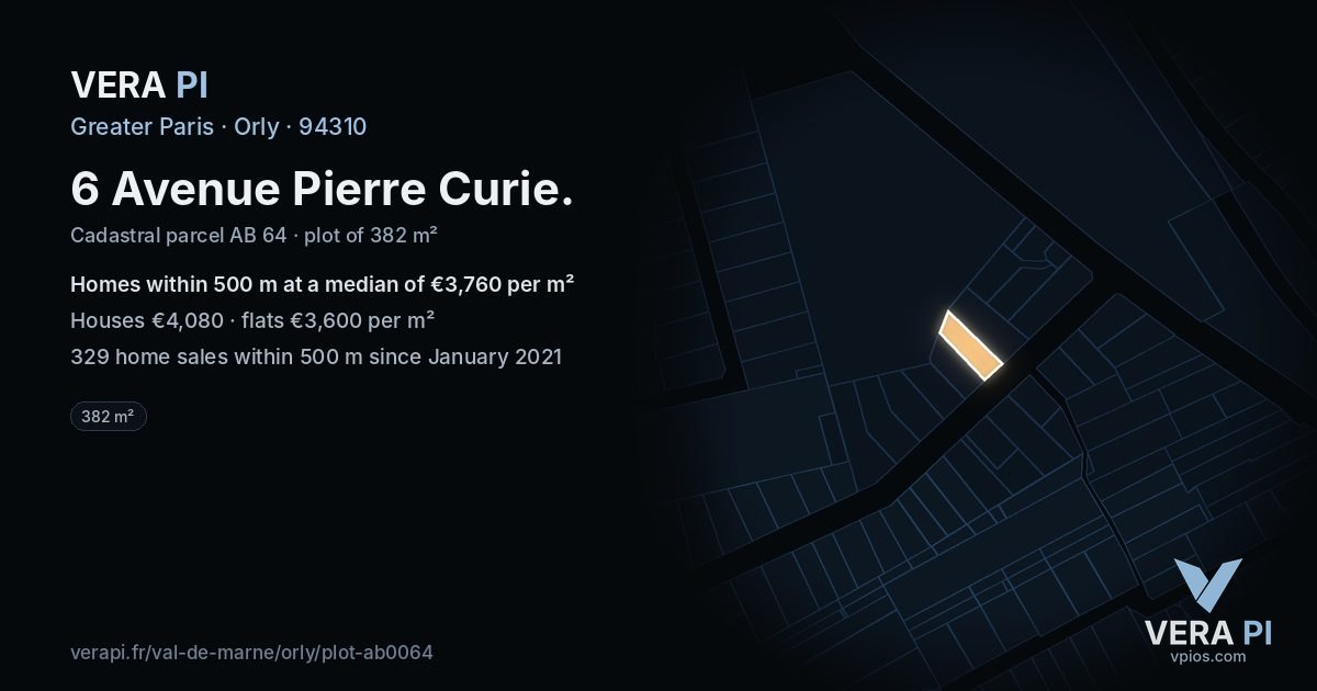 6 Avenue Pierre Curie, Orly at night – the plot lit, the parcels around coloured by the prices near them