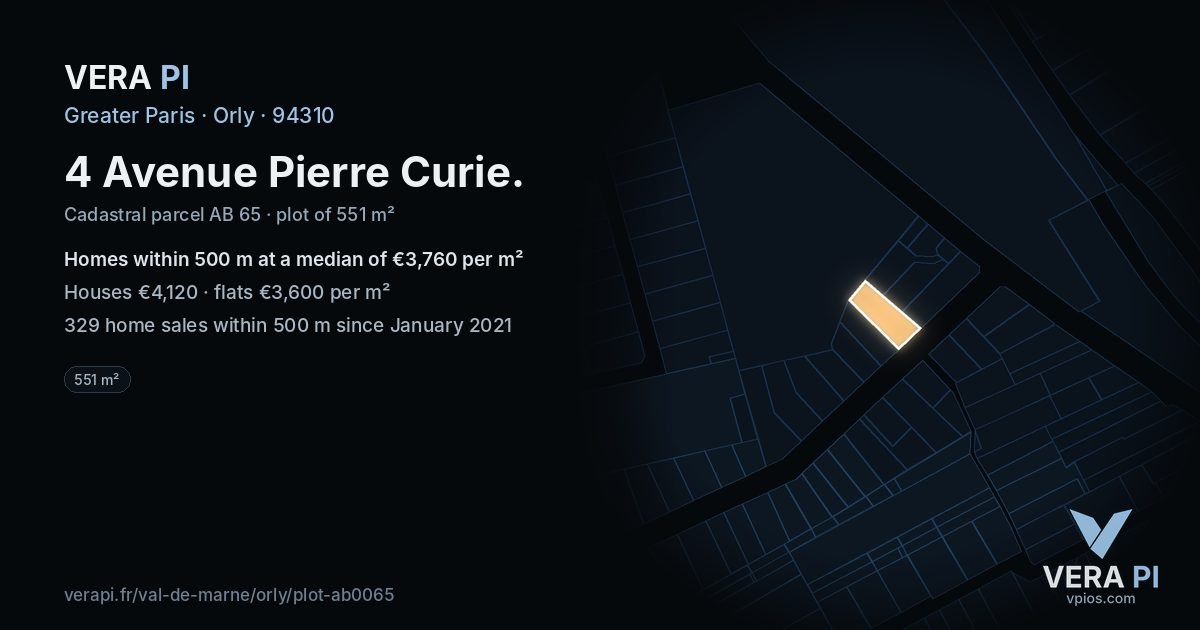 4 Avenue Pierre Curie, Orly at night – the plot lit, the parcels around coloured by the prices near them