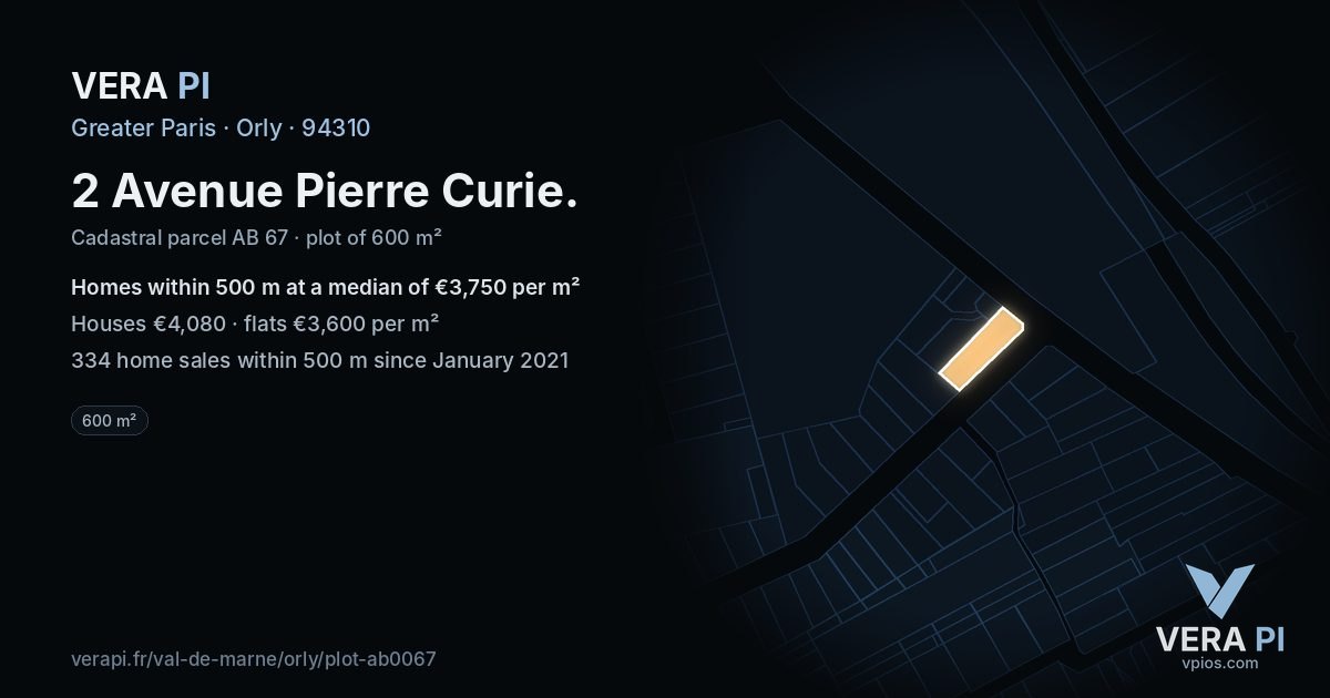 2 Avenue Pierre Curie, Orly at night – the plot lit, the parcels around coloured by the prices near them