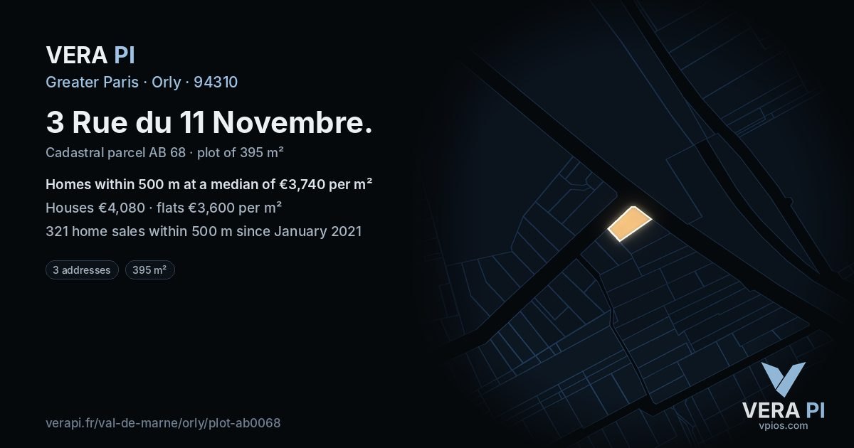 3 Rue du 11 Novembre, Orly at night – the plot lit, the parcels around coloured by the prices near them