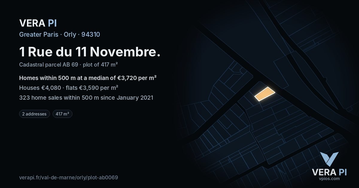 1 Rue du 11 Novembre, Orly at night – the plot lit, the parcels around coloured by the prices near them