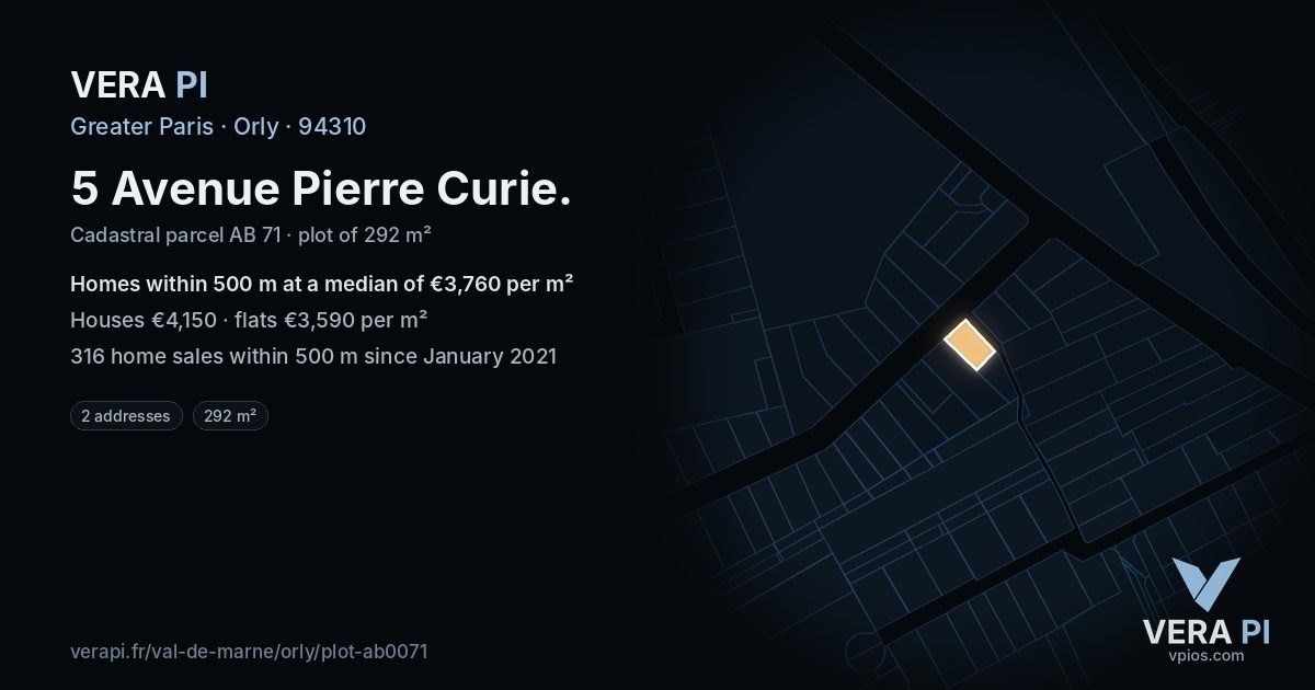 5 Avenue Pierre Curie, Orly at night – the plot lit, the parcels around coloured by the prices near them