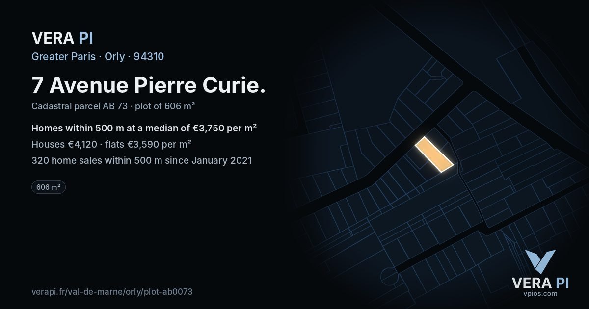 7 Avenue Pierre Curie, Orly at night – the plot lit, the parcels around coloured by the prices near them