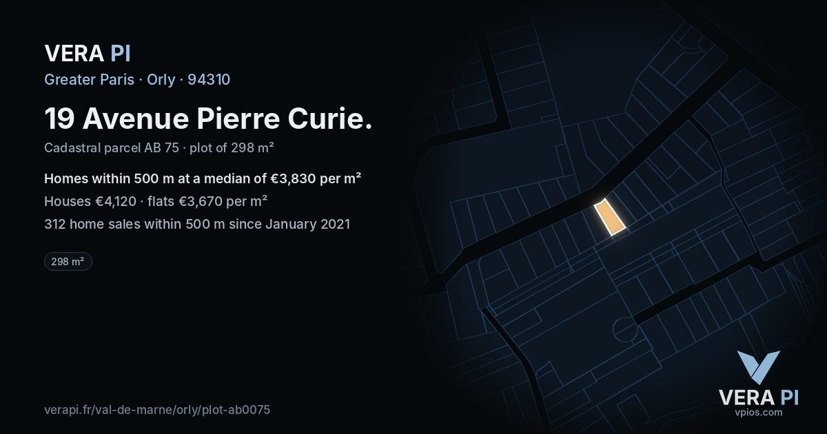 19 Avenue Pierre Curie, Orly at night – the plot lit, the parcels around coloured by the prices near them