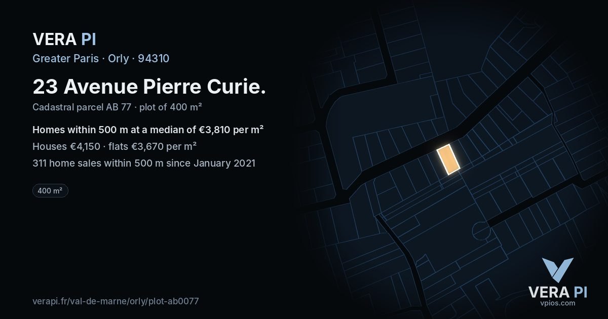 23 Avenue Pierre Curie, Orly at night – the plot lit, the parcels around coloured by the prices near them