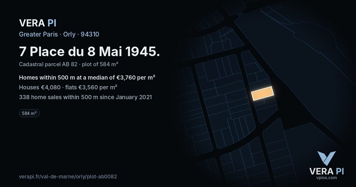 7 Place du 8 Mai 1945, Orly at night – the plot lit, the parcels around coloured by the prices near them