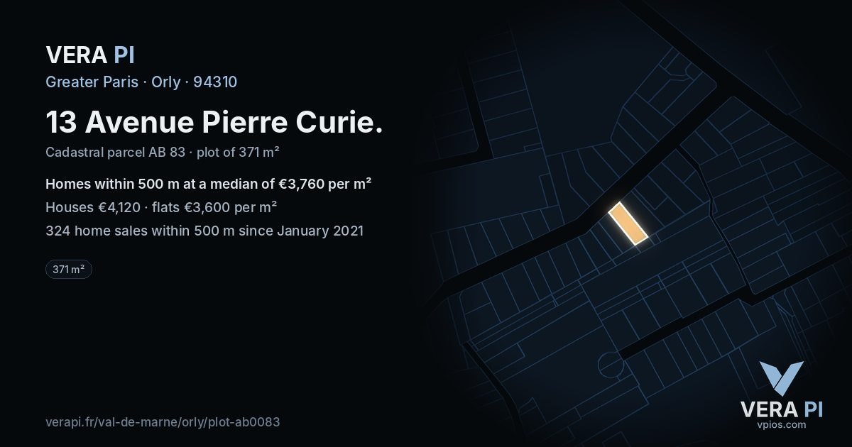 13 Avenue Pierre Curie, Orly at night – the plot lit, the parcels around coloured by the prices near them