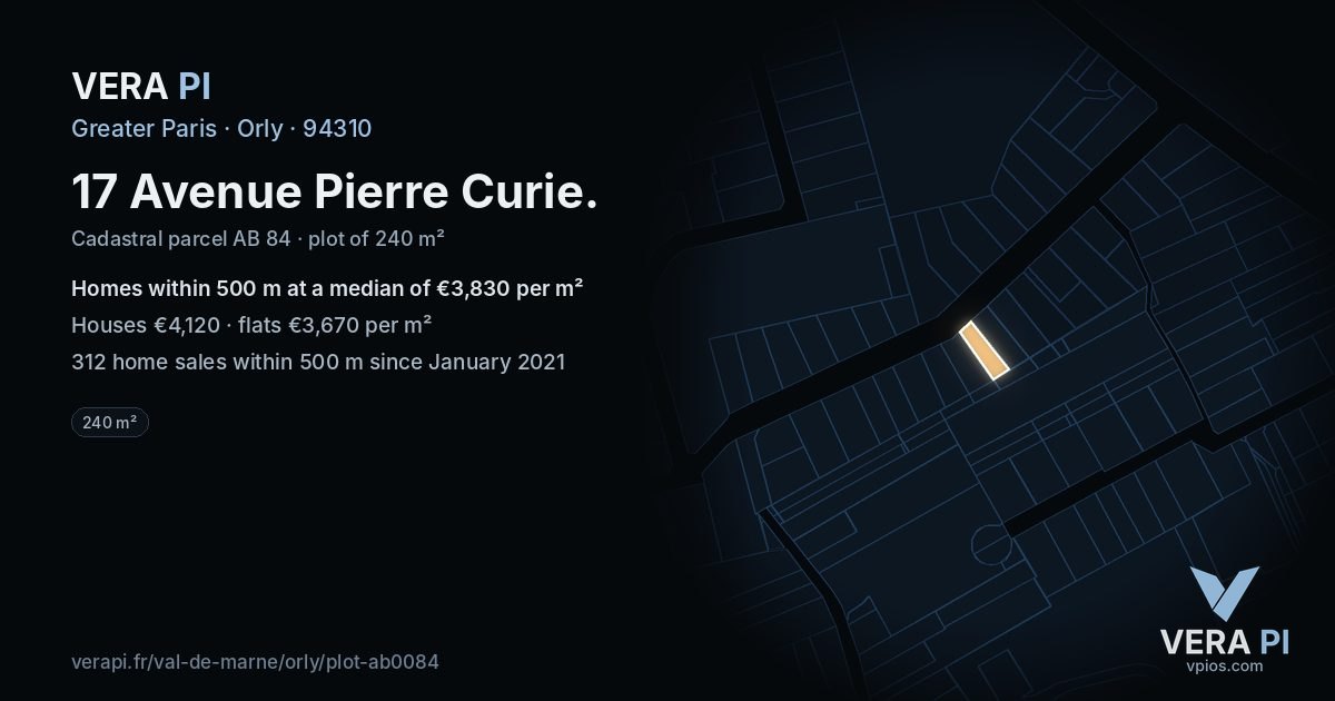 17 Avenue Pierre Curie, Orly at night – the plot lit, the parcels around coloured by the prices near them