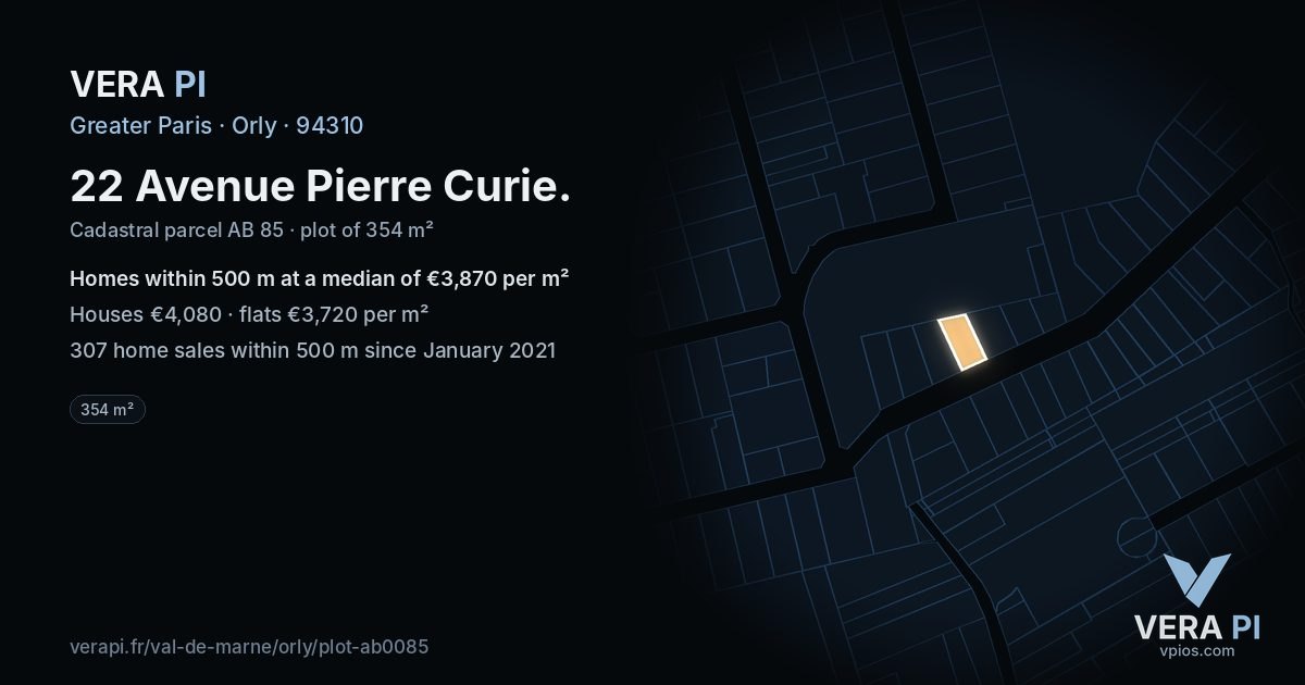 22 Avenue Pierre Curie, Orly at night – the plot lit, the parcels around coloured by the prices near them