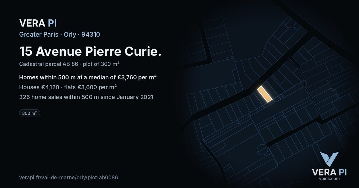 15 Avenue Pierre Curie, Orly at night – the plot lit, the parcels around coloured by the prices near them