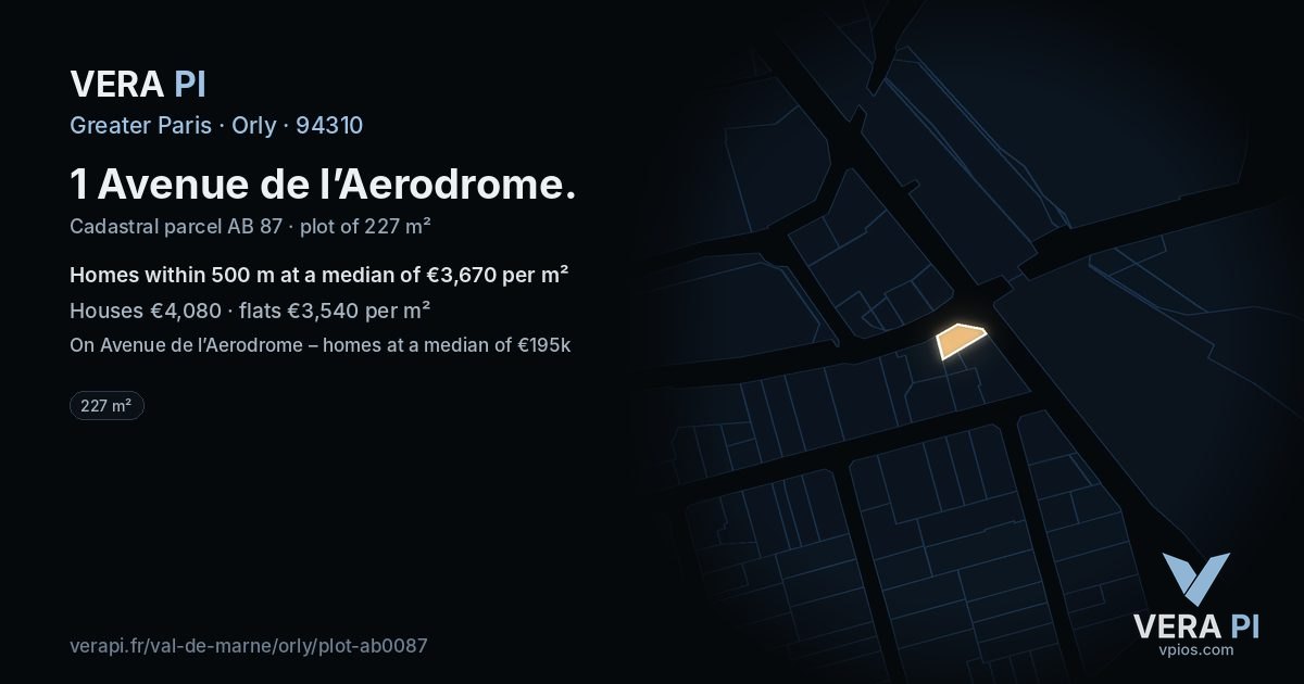 1 Avenue de l’Aerodrome, Orly at night – the plot lit, the parcels around coloured by the prices near them