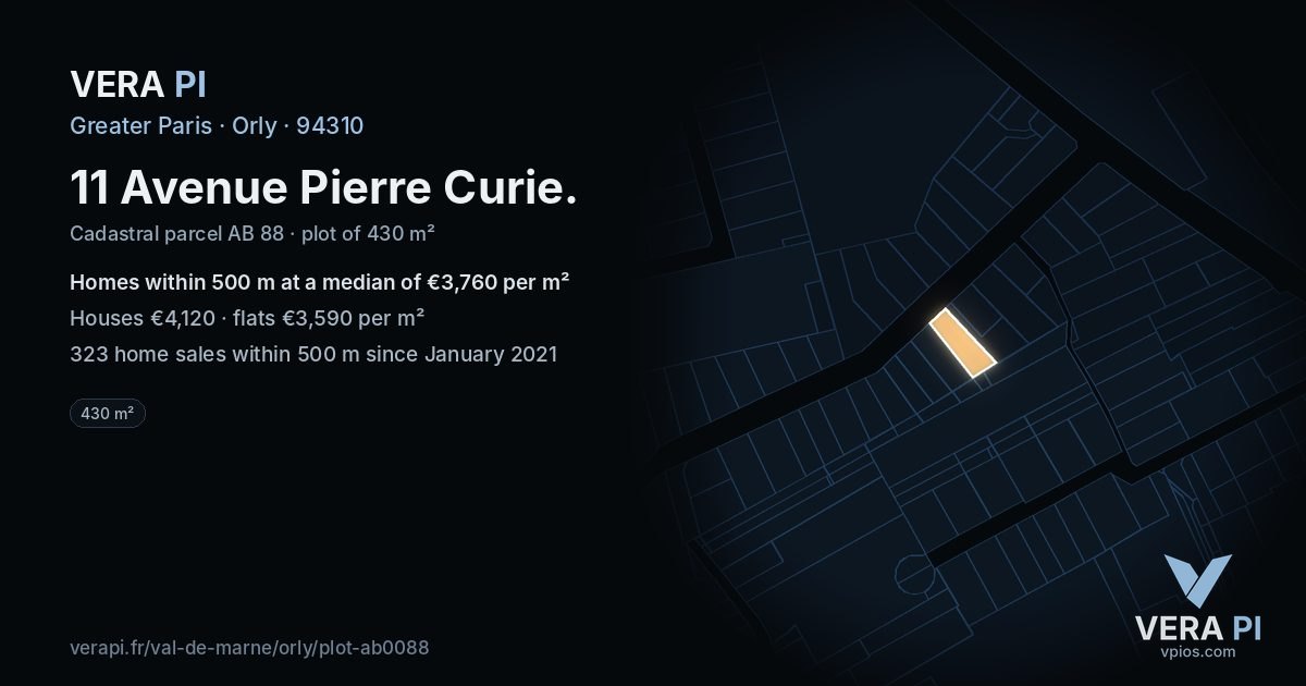 11 Avenue Pierre Curie, Orly at night – the plot lit, the parcels around coloured by the prices near them