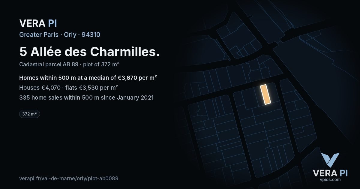5 Allée des Charmilles, Orly at night – the plot lit, the parcels around coloured by the prices near them