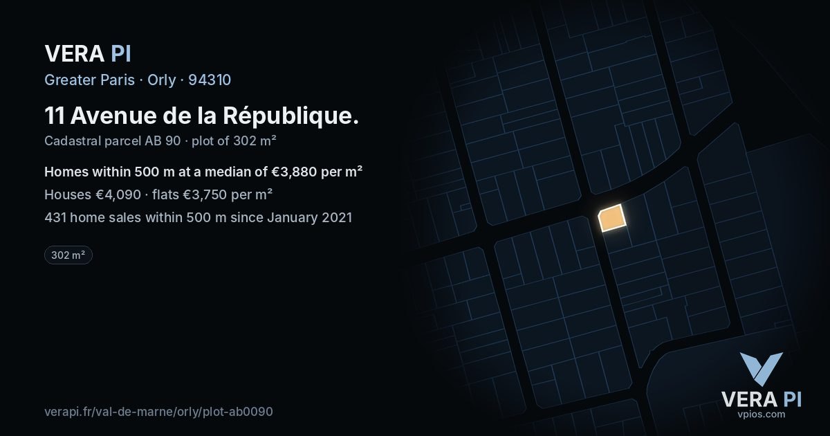 11 Avenue de la République, Orly at night – the plot lit, the parcels around coloured by the prices near them