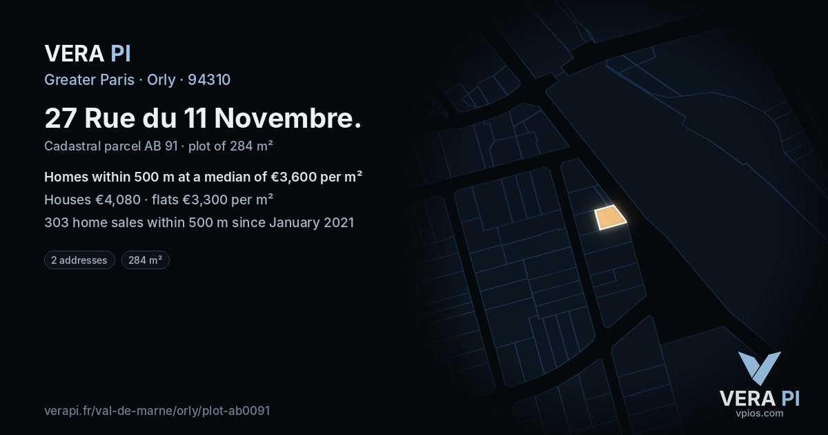 27 Rue du 11 Novembre, Orly at night – the plot lit, the parcels around coloured by the prices near them