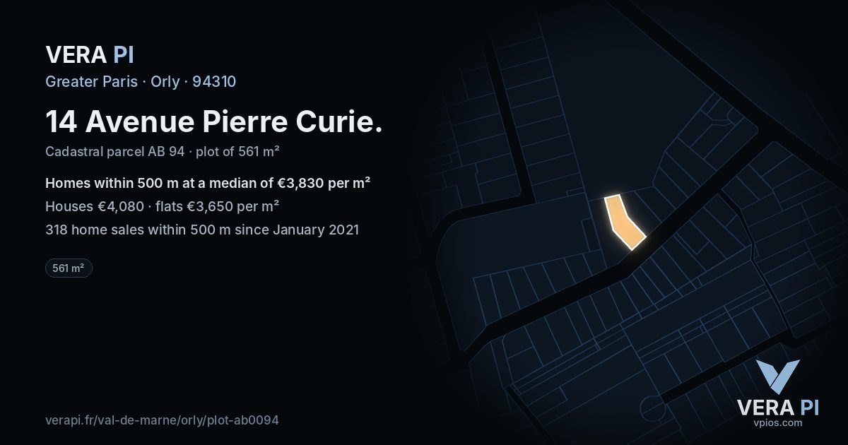 14 Avenue Pierre Curie, Orly at night – the plot lit, the parcels around coloured by the prices near them