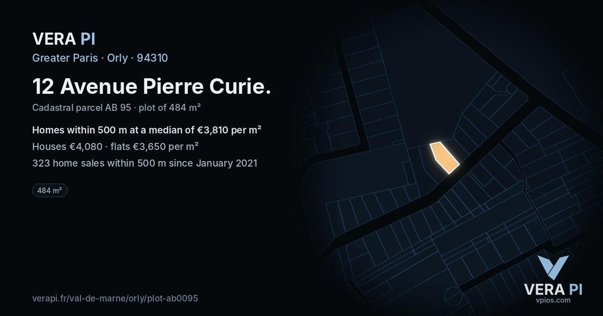 12 Avenue Pierre Curie, Orly at night – the plot lit, the parcels around coloured by the prices near them