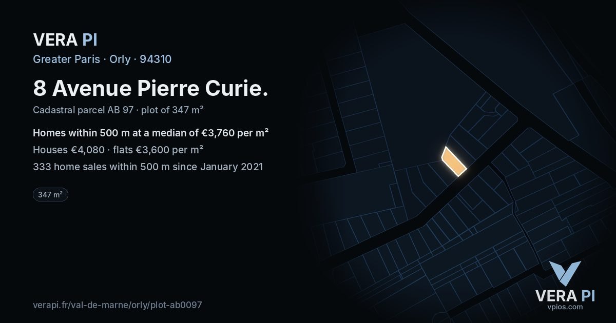 8 Avenue Pierre Curie, Orly at night – the plot lit, the parcels around coloured by the prices near them