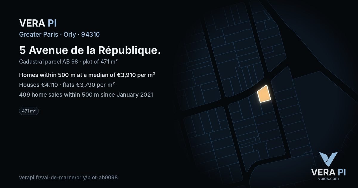 5 Avenue de la République, Orly at night – the plot lit, the parcels around coloured by the prices near them