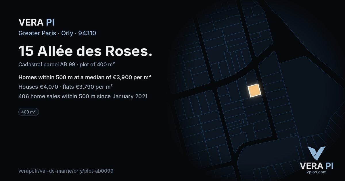 15 Allée des Roses, Orly at night – the plot lit, the parcels around coloured by the prices near them