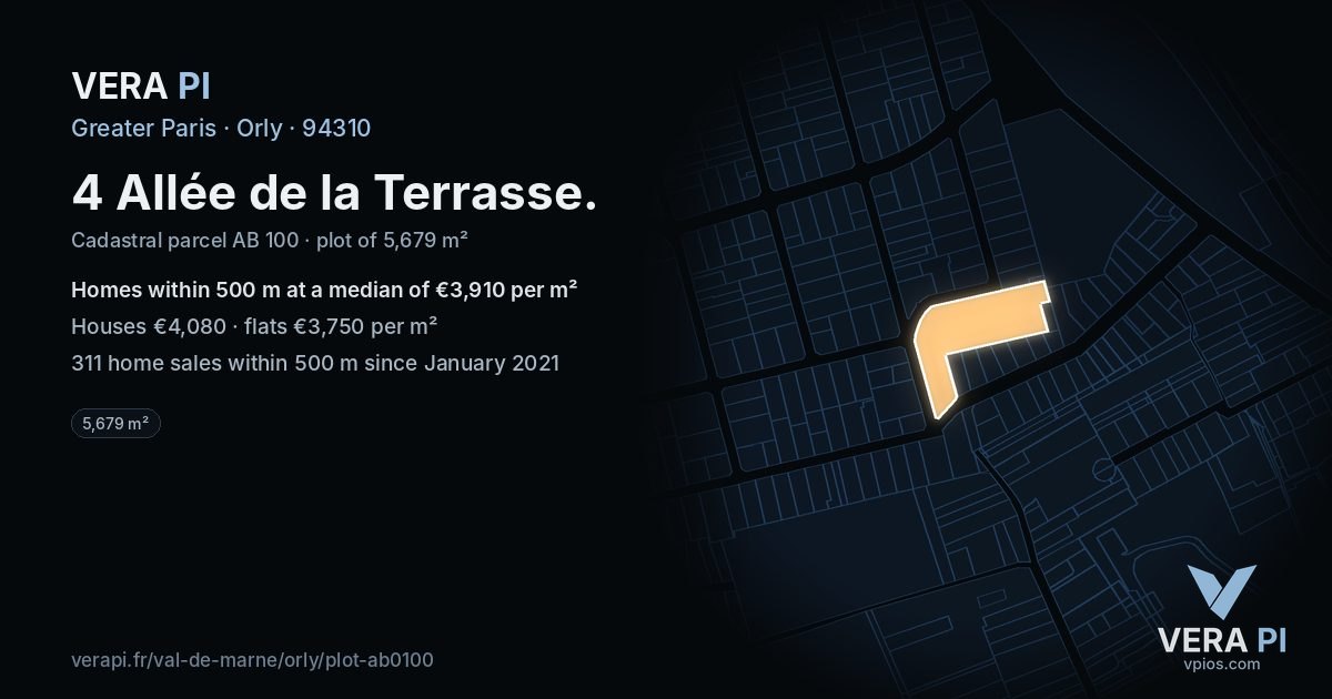 4 Allée de la Terrasse, Orly at night – the plot lit, the parcels around coloured by the prices near them