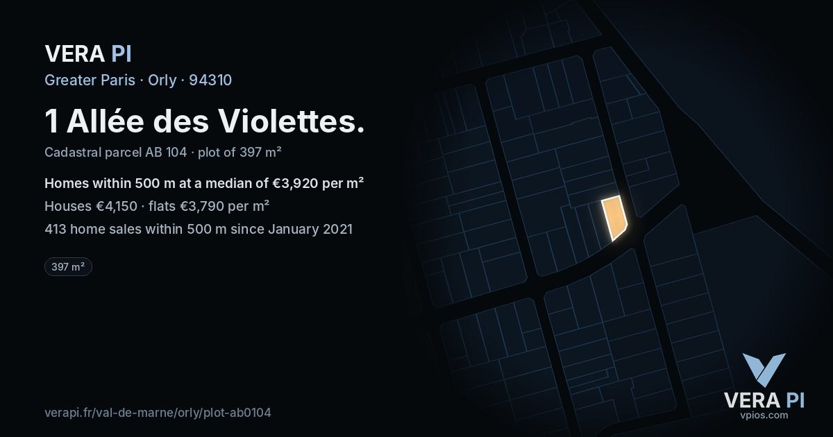 1 Allée des Violettes, Orly at night – the plot lit, the parcels around coloured by the prices near them