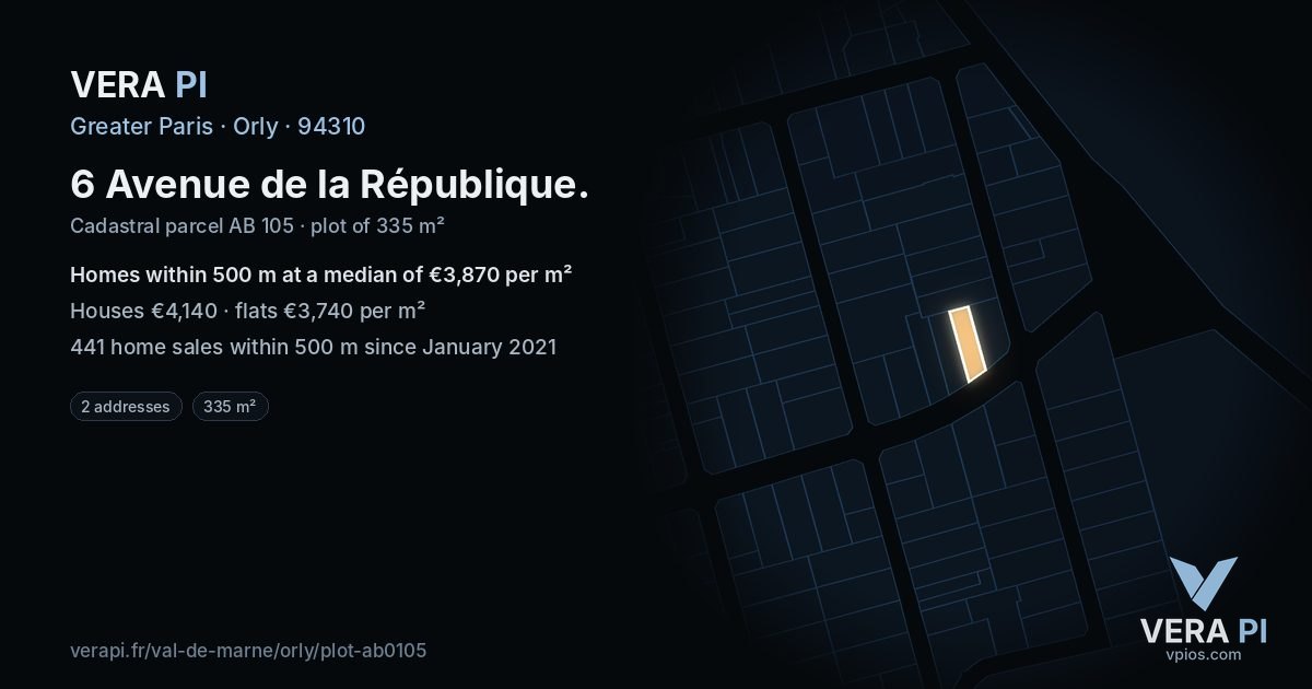 6 Avenue de la République, Orly at night – the plot lit, the parcels around coloured by the prices near them