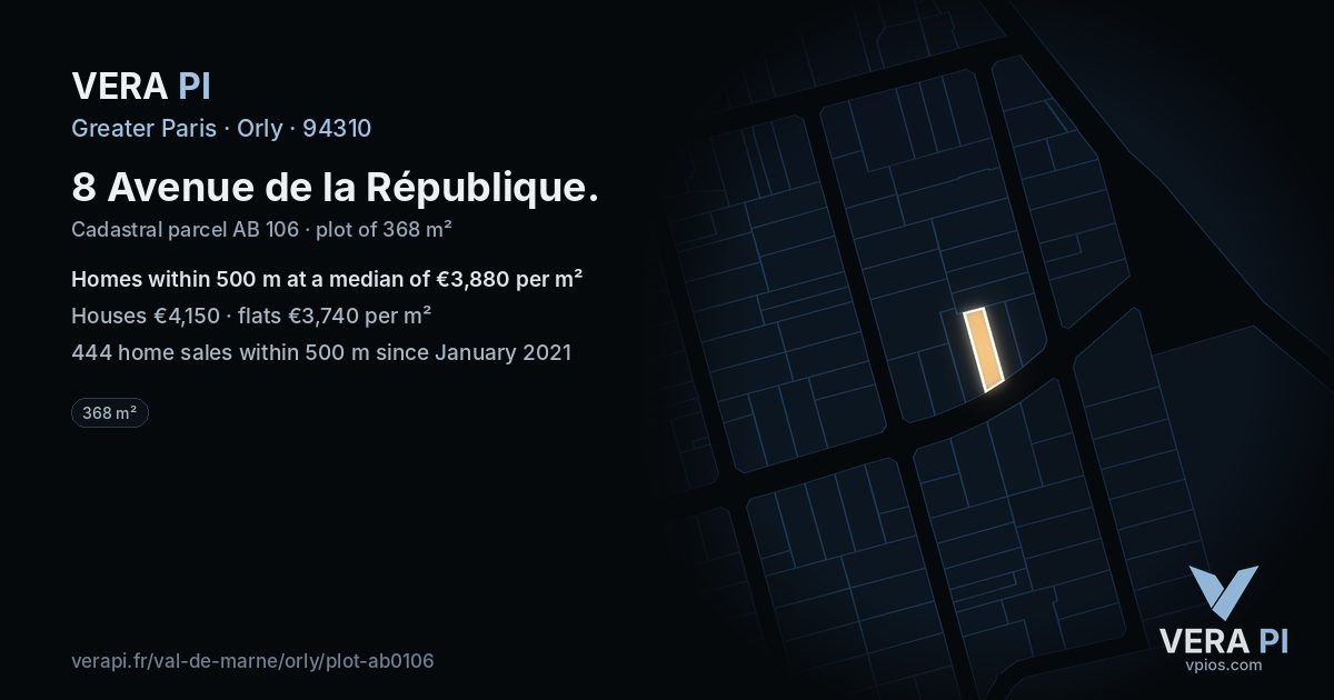 8 Avenue de la République, Orly at night – the plot lit, the parcels around coloured by the prices near them