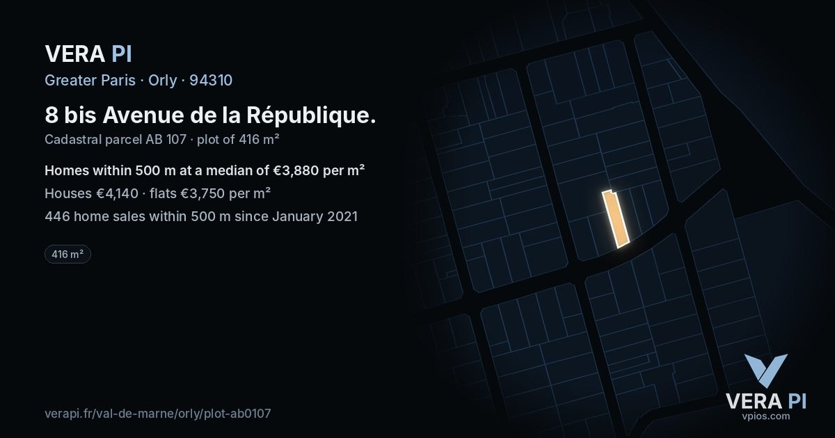 8 bis Avenue de la République, Orly at night – the plot lit, the parcels around coloured by the prices near them