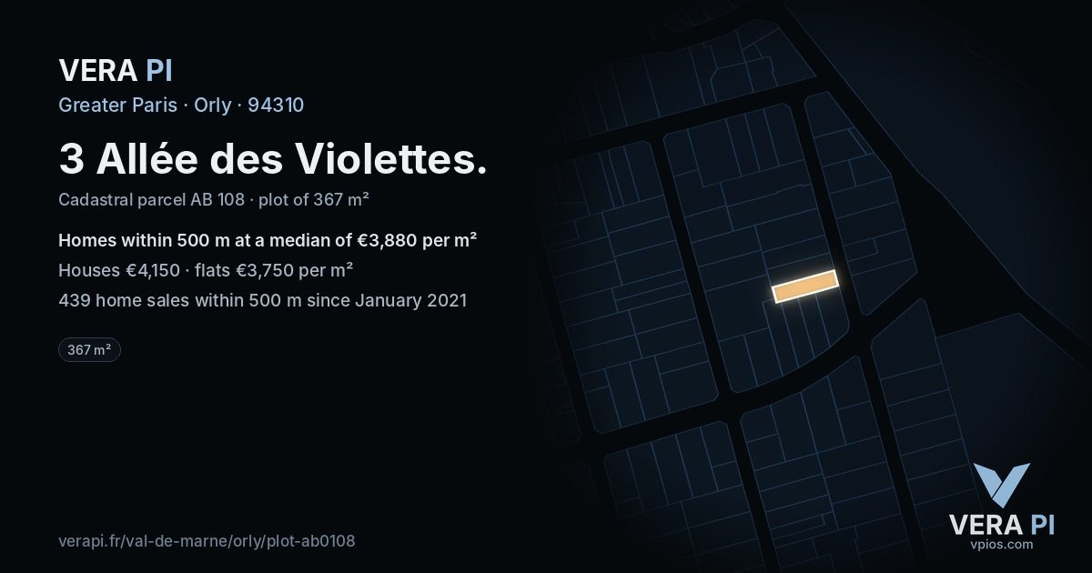 3 Allée des Violettes, Orly at night – the plot lit, the parcels around coloured by the prices near them