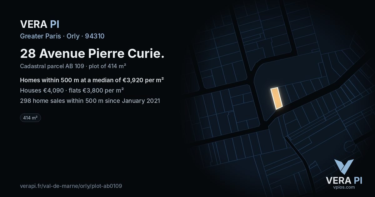 28 Avenue Pierre Curie, Orly at night – the plot lit, the parcels around coloured by the prices near them