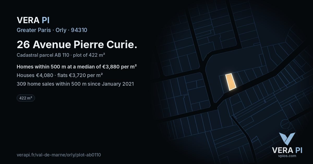 26 Avenue Pierre Curie, Orly at night – the plot lit, the parcels around coloured by the prices near them