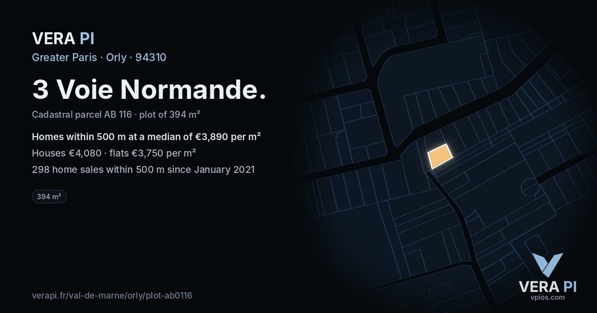 3 Voie Normande, Orly at night – the plot lit, the parcels around coloured by the prices near them