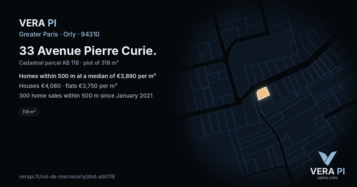 33 Avenue Pierre Curie, Orly at night – the plot lit, the parcels around coloured by the prices near them