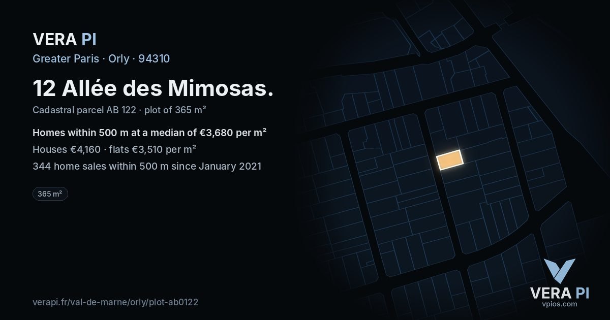 12 Allée des Mimosas, Orly at night – the plot lit, the parcels around coloured by the prices near them