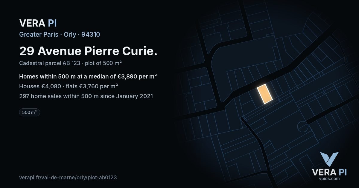 29 Avenue Pierre Curie, Orly at night – the plot lit, the parcels around coloured by the prices near them