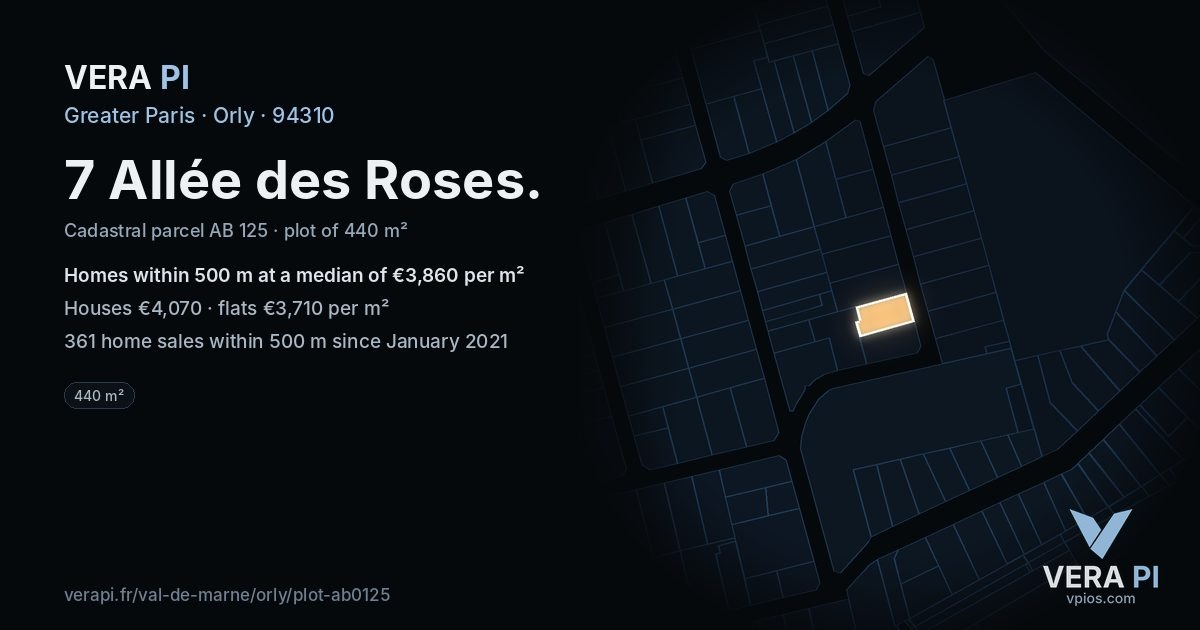 7 Allée des Roses, Orly at night – the plot lit, the parcels around coloured by the prices near them