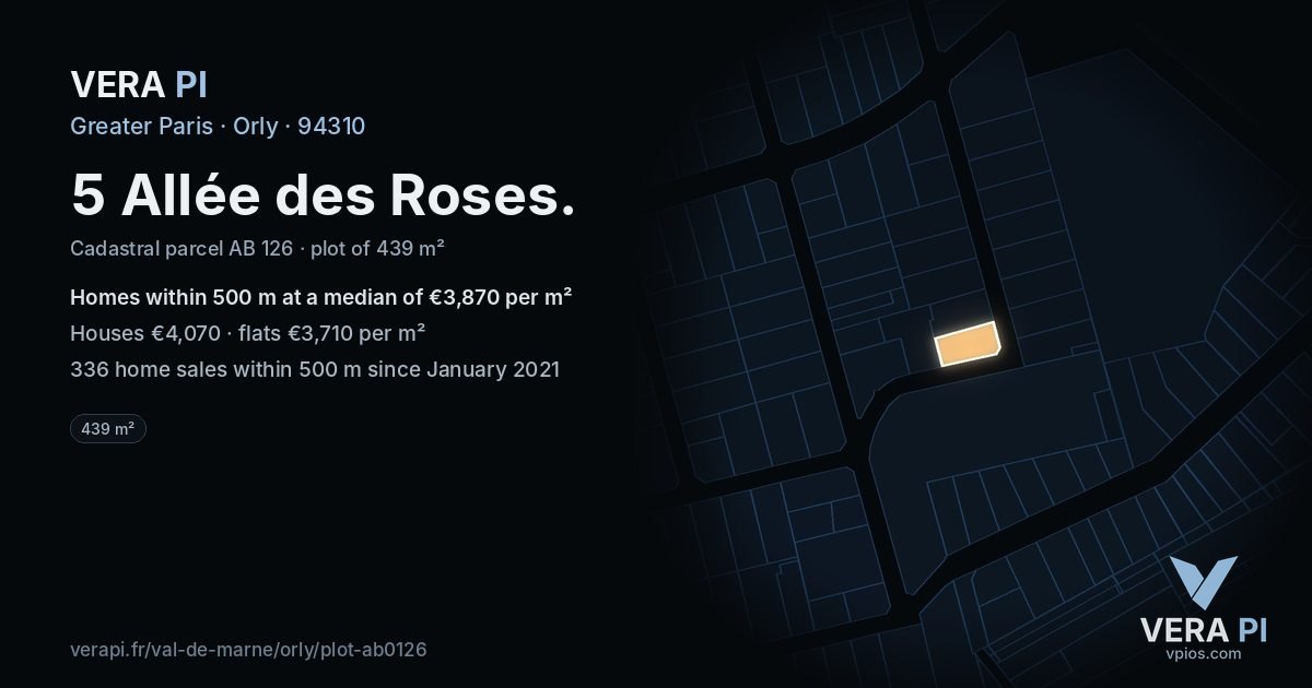 5 Allée des Roses, Orly at night – the plot lit, the parcels around coloured by the prices near them