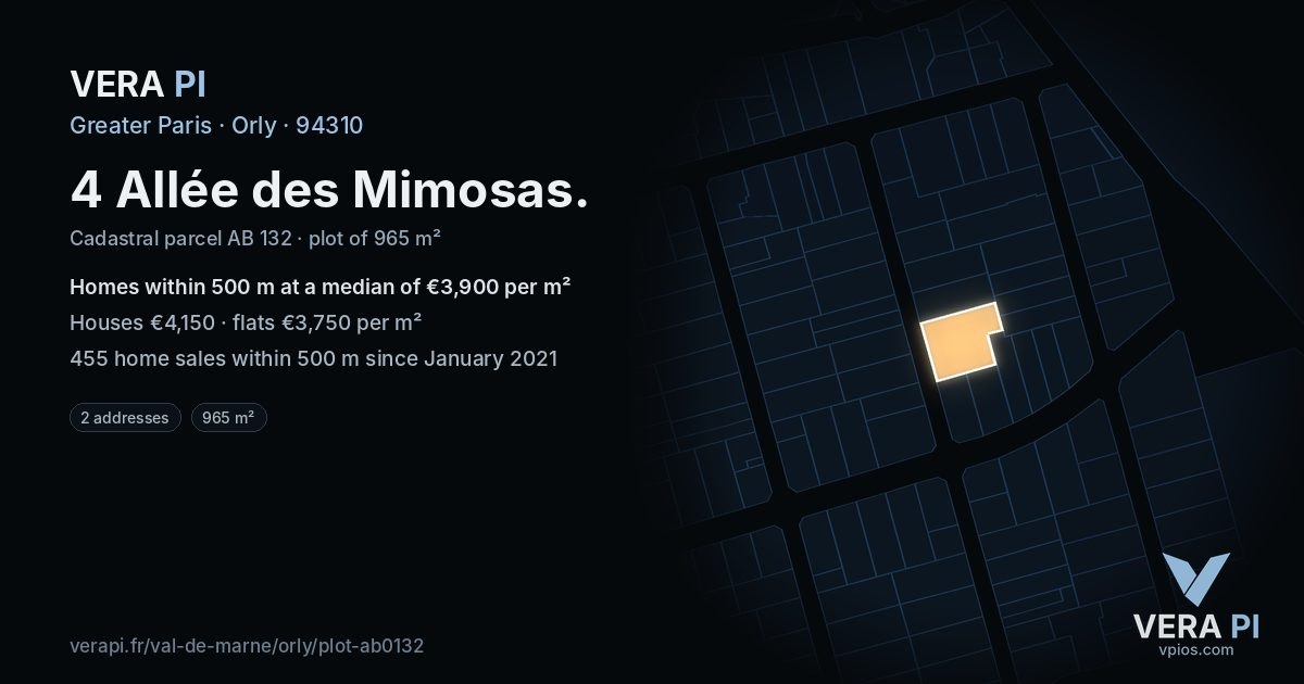 4 Allée des Mimosas, Orly at night – the plot lit, the parcels around coloured by the prices near them