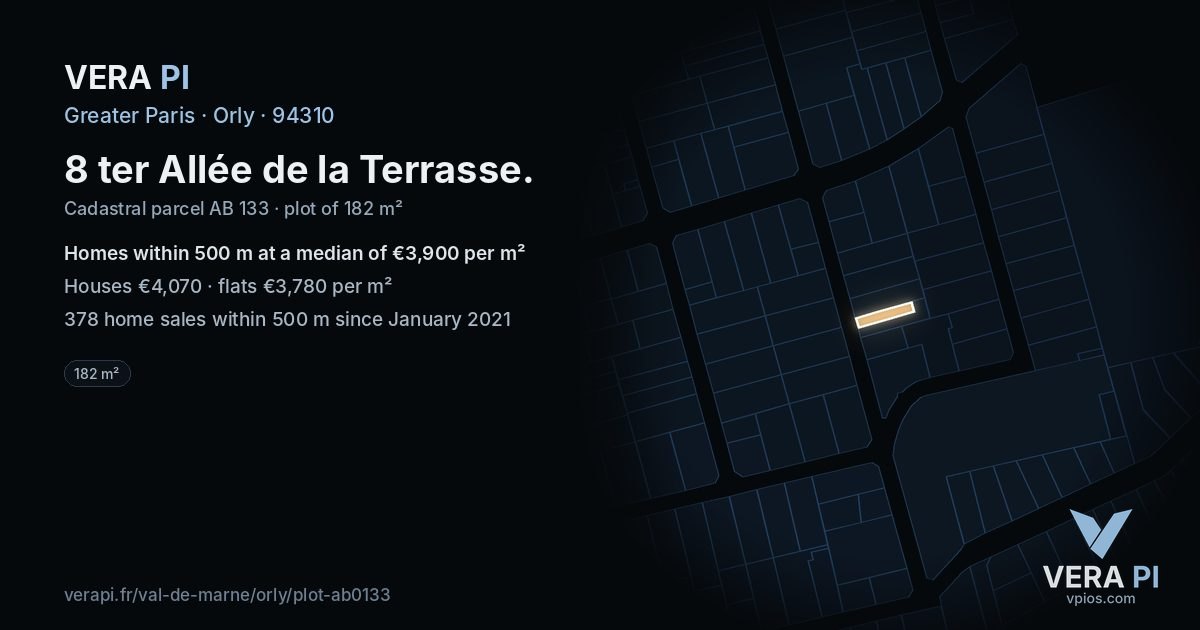 8 ter Allée de la Terrasse, Orly at night – the plot lit, the parcels around coloured by the prices near them