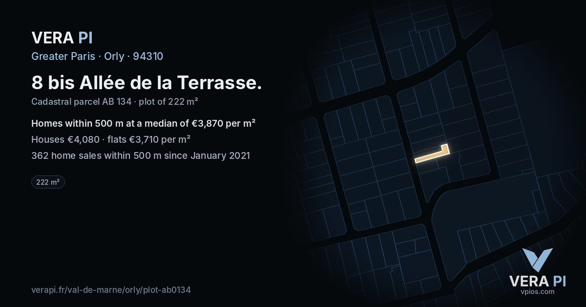 8 bis Allée de la Terrasse, Orly at night – the plot lit, the parcels around coloured by the prices near them